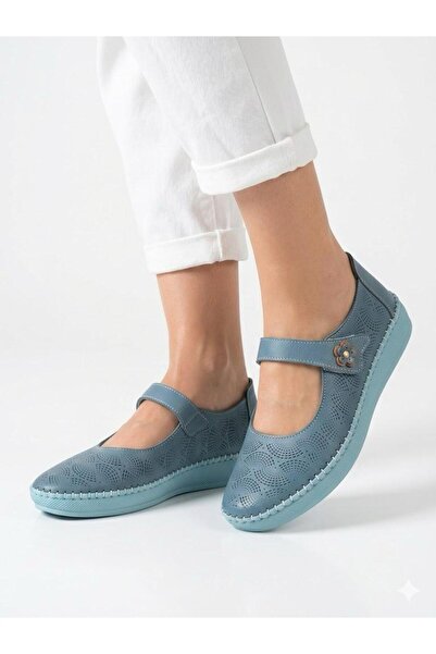 Lütfi Women's Blue Genuine Leather Orthopedic Soft Sole Casual Shoes