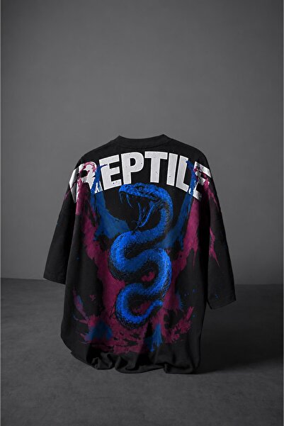 Slatra Tricou oversize negru cu imprimeu reptile pentru bărbați