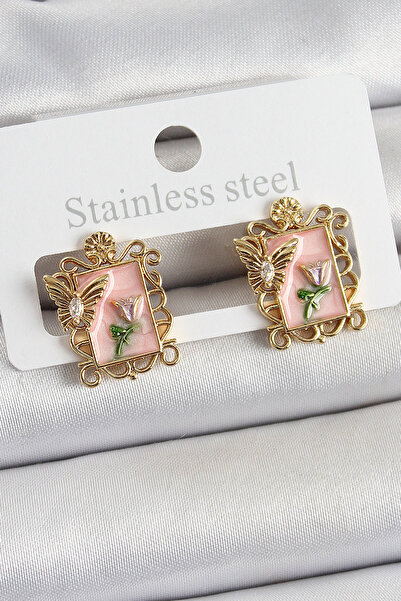OGHAMAY Brass Pink Enamel Artistic Portrait Model Gold Color Women's Earrings