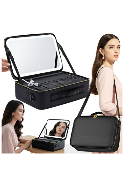 Mardil Geantă organizatoare de cosmetice cu oglindă LED, mare, neagră, 27x13x...