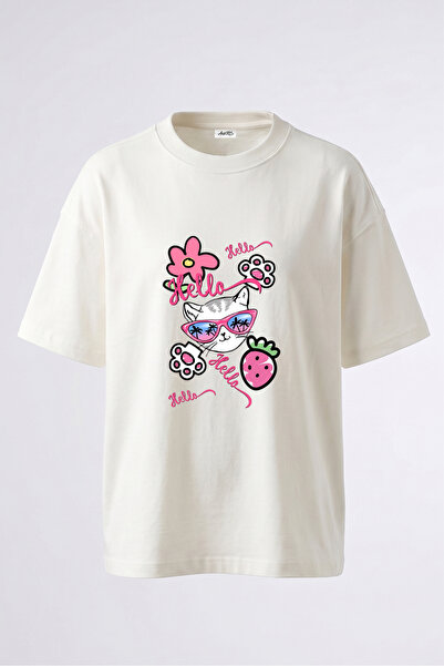 Anetos Tricou supradimensionat alb din bumbac cu imprimeu pe spate Cat Palm G...