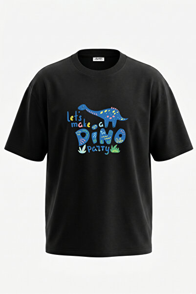 Anetos Tricou oversize negru din bumbac cu imprimeu pe spate Dino Party Design