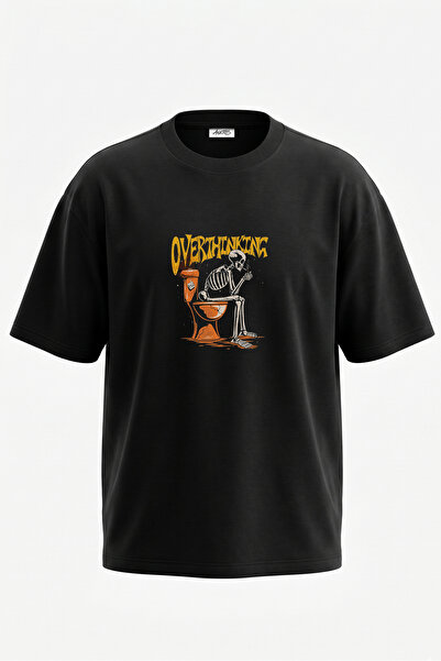 Anetos Tricou oversize negru din bumbac cu imprimeu pe spate, cu design „Over...