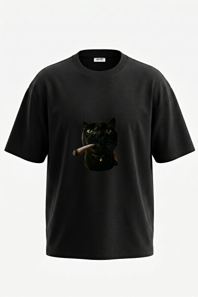 Anetos Tricou oversize negru din bumbac cu imprimeu pe spate Black Cat Joint ...