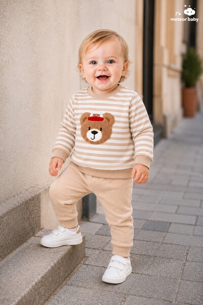 METEOR BABY Baby Boy Set - Teddy Bear Patterned Striped Seasonal Top and Bott...