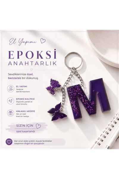 DESING BY Epoksi Harf Anahtarlık Mor Simli - El Yapımı Şık Tasarım