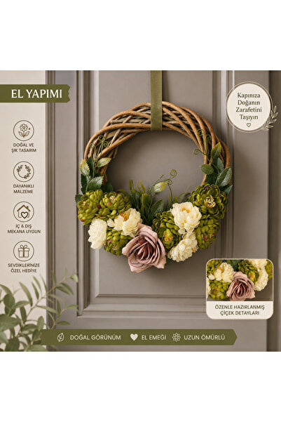 Zeda by Es Doğal Bahçe El Yapımı Kapı Süsü | Yeşil Çiçekli Dekoratif Çelenk