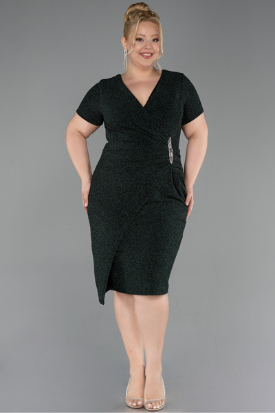 Efelif Short Sleeve Midi Plus Size Evening Dress with Waist Accessory Abk41155