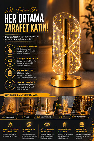CNGZSHOP Dekoratif LED Masa Lambası Dokunmatik Modern Gece Lambası Şarjlı Kab...