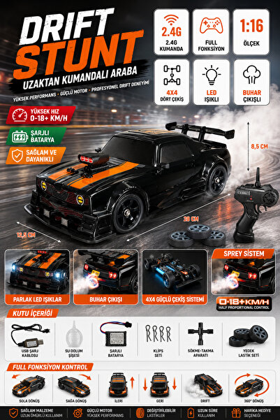 cayenna Uzaktan Kumandalı 2.4G Şarjlı 1:16 4x4 Drift Stunt Araba Işıklı Buhar...