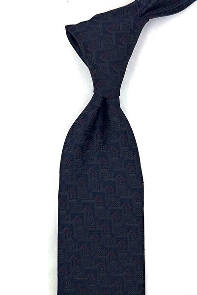 Kravatkolik Navy Blue Brown Shawl Pattern Classic Tie with Handkerchief Kk13778