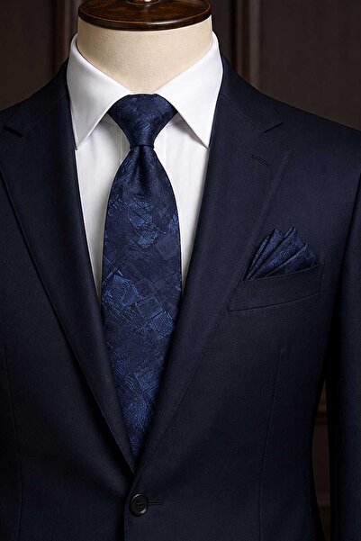 Kravatkolik Navy Blue Motif Patterned Classic Tie with Handkerchief Kk13752