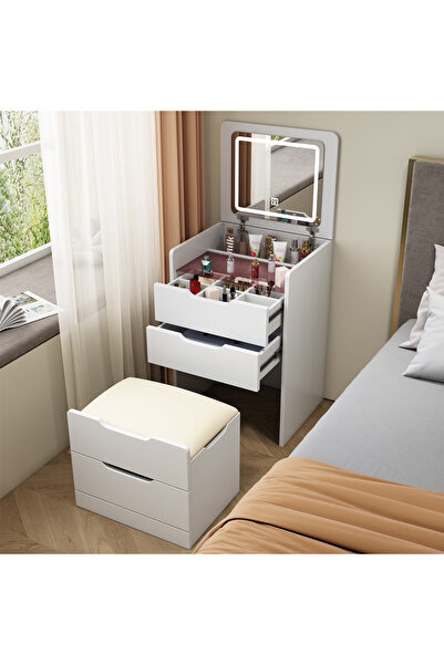 HayaBazaar 45.5*35*85.9cm LED Mirror Makeup Dressing Table Set with Cushioned...