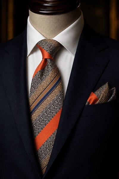 Kravatkolik Gold Orange Line Pattern Classic Tie with Handkerchief Kk13709