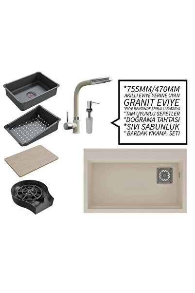 RealStone 75 cm Kompakt Set - Akıllı Eviye Uyumlu Granit Eviye ve Spiralli Ba...