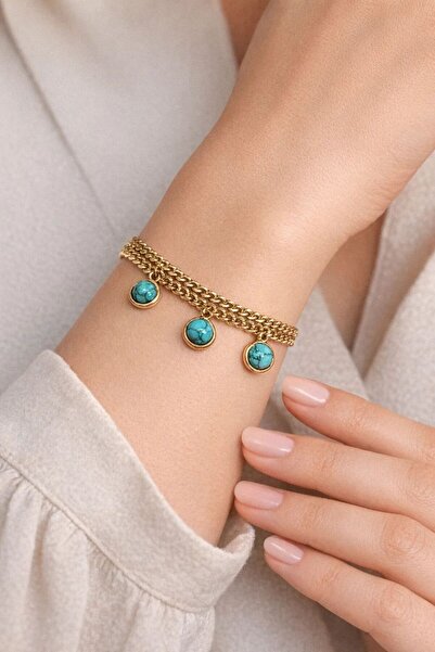 OEM Boho Χρυσό Βραχιόλι με Τρεις Τυρκουάζ Πέτρες από Ατσάλι 316L