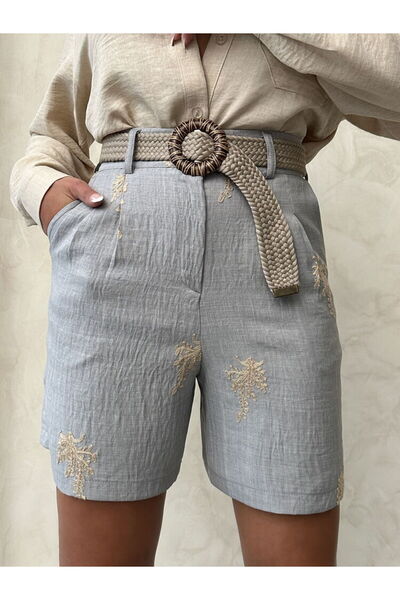 VERYMODA Kemer Detaylı Nakışlı Keten Gri - Siyah | D2745