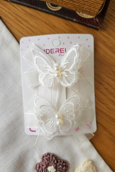 Cinderella Beyaz Tül Kanatlı Dantelli İncili Kelebek Pens Toka Seti 7cm - Ast...