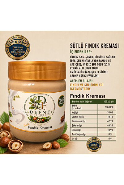 DEFNE FINDIK SÜTLÜ FINDIK KREMASI 400GR %45 FINDIK