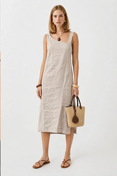 VENA Women's Asymmetrical Collar 100% Linen Dress - Stone