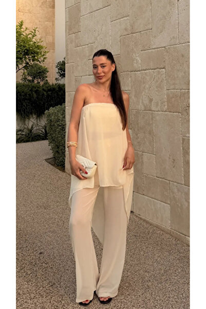 My Blog Cream Strapless Chiffon Double Beach Set - 1437