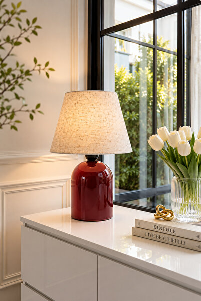 EvLight Liva Bordo Gövdeli 34 cm Keten Kumaş Abajur