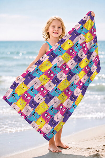 Evimde Bambaşka Colorful Kids Beach Towel with Cat Figure - Fun Modern Girls'...