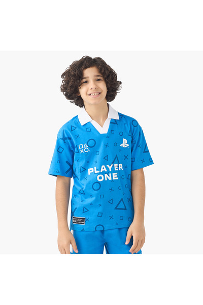 Playstation Collared Short Sleeves Polo T-shirt with Logo Print