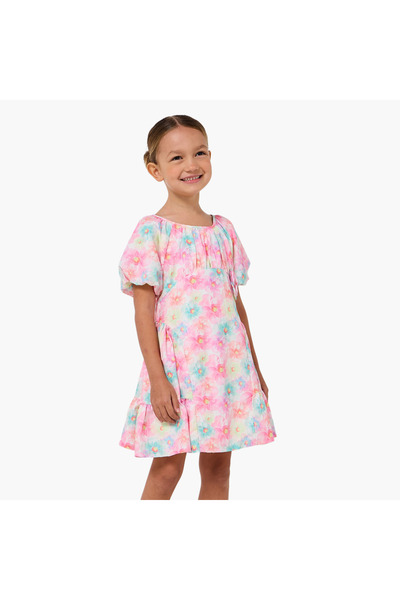 Juniors Round Neck Short Sleeves A-line Dress with Floral Print
