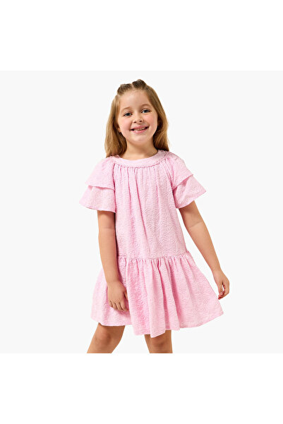 Juniors Round Neck Short Sleeves A-line Dress with Floral Embroidery