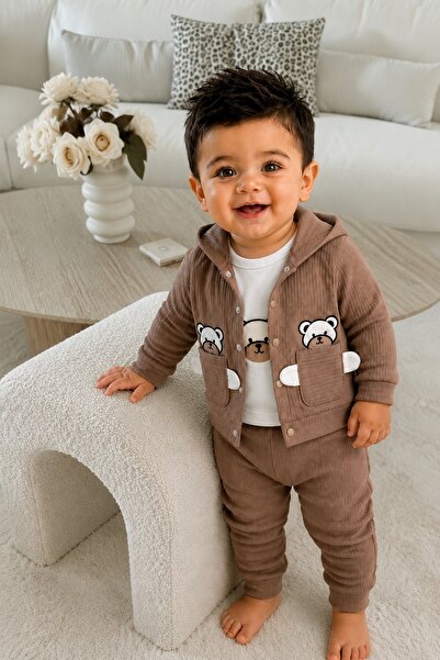 METEOR BABY Baby Boy Set - Children's Set - Hooded Teddy Bear Detailed Ribbed...