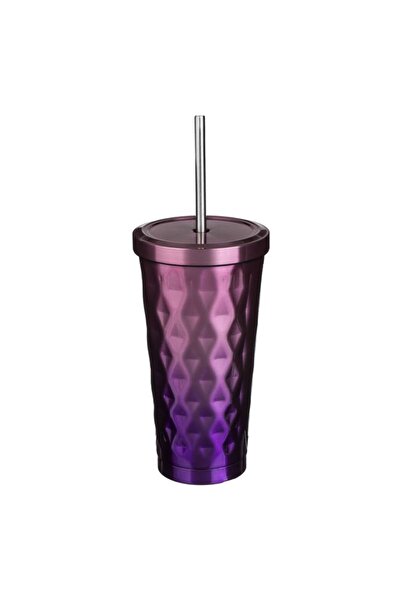OEM Pahar Metalic Roz cu Model Decorativ și Pai, 500 ml