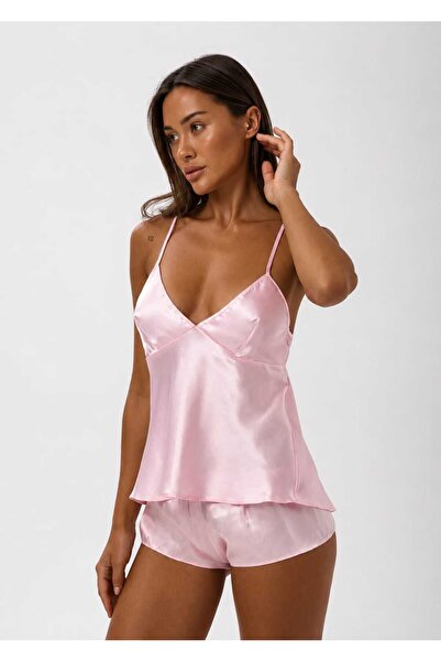 merve ada design Saten İp Askılı Sırt Dekolteli Brazillian Şort Pijama Takımı