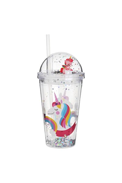 OEM Pahar Unicorn 3D Transparent cu Confetti Roz, Capac și Pai, 450 ml