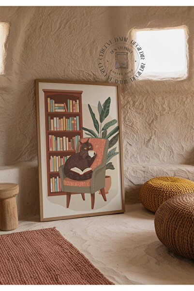 DES VU PRINT Kitap Okuyan Kahve İçen Kedi Posteri, Çerçevesiz Kedi Temalı Poster