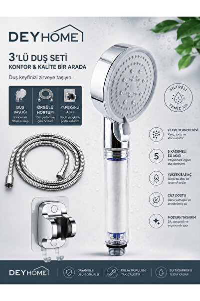 DEYHOME 3 lü Set 5 Kademeli Filtreli Duş Başlığı – Yüksek Basınçlı Tasarruflu...