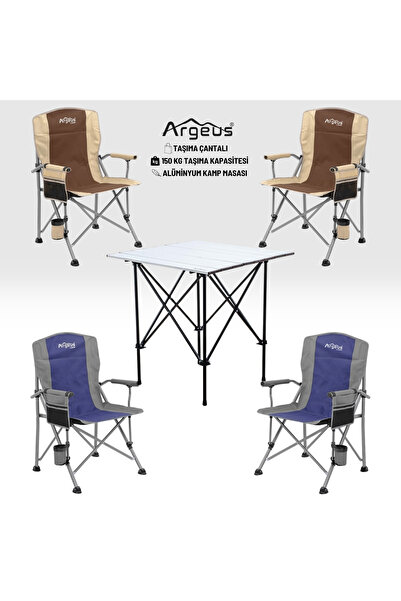 ARGEUS 4 Adet Katlanır Kamp Sandalyesi ve Alüminyum Masa Seti - Rustic Silver...