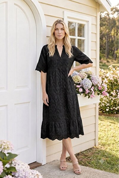 MELTEM COLLECTION FİSTO VE DÜĞME DETAYLI MİDİ ELBİSE