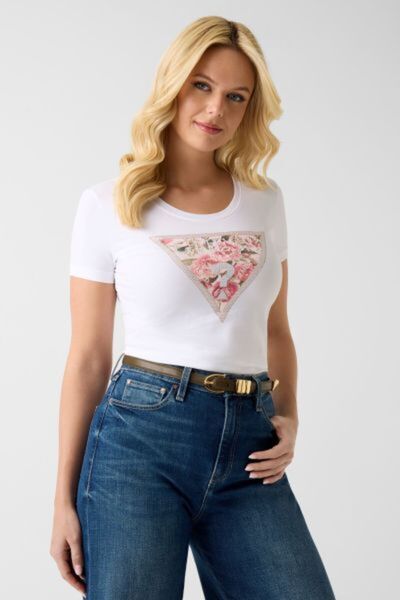 Guess BEYAZ ÇİÇEK BASKILI LOGOLU KADIN T-SHIRT