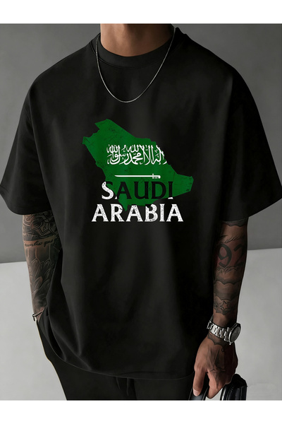 SAUDI قميص قطني 100% للرجال والنساء - تي شيرت فضفاض بياقة دائرية وأكمام قصيرة...