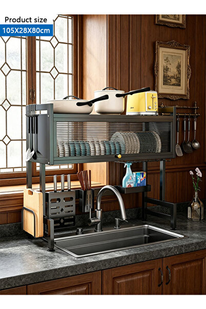 CozyWorld 105cm Wide Black over Sink Dish Drying Rack 3-Tier with Dustproof C...
