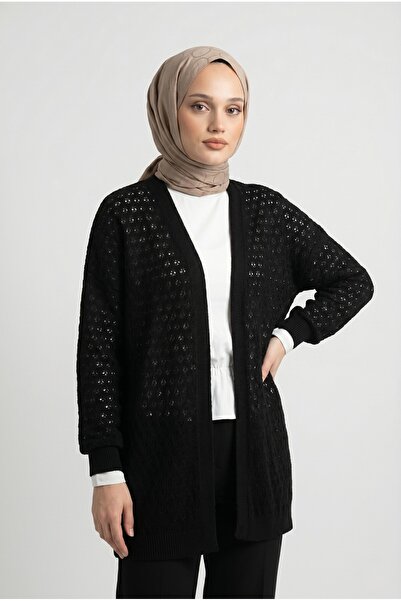 Lunfia Şık Ajurlu Salaş Triko Hırka - Siyah