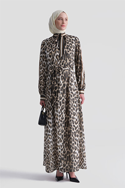 Armine Leopar Desenli Elbise Kahverengi