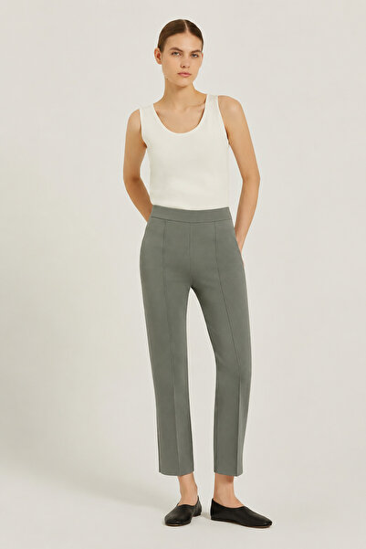 Triko Mısırlı Gray Green Ribbed Stitched Women's Trousers with Pocket Detail