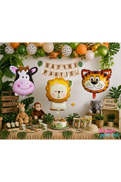 Dizayn Parti Evi Safari Temalı Hayvan Folyo Balon Seti İnek Aslan Kaplan Şeki...