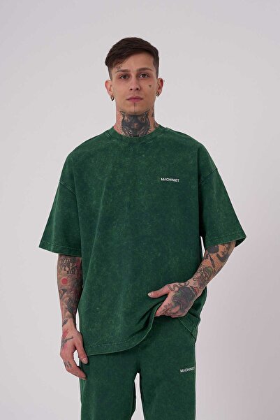Machinist Tricou oversize de bază lavabil pentru bărbați, cu efect verde ulei