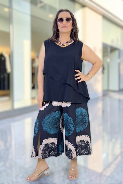 yagmurberen Pantaloni capri cu elastic la talie și șliț adânc în față, bluză ...