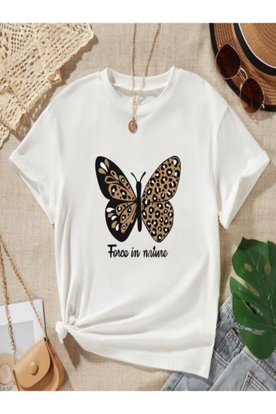 vorena Butterfly Pattern Printed White Oversize T-Shirt
