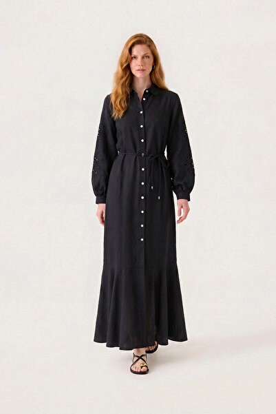 Zühre Shirt Collar Belted Patterned Black Dress 0560