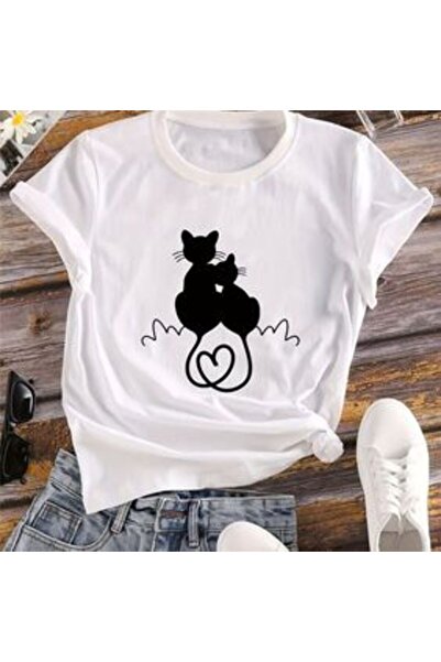 COZYWEAR Cute Cat Printed White T-Shirt